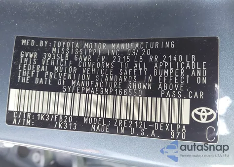 2021 Toyota Corolla Le из США, поврежденный, VIN 5YFEPMAE9MP166550